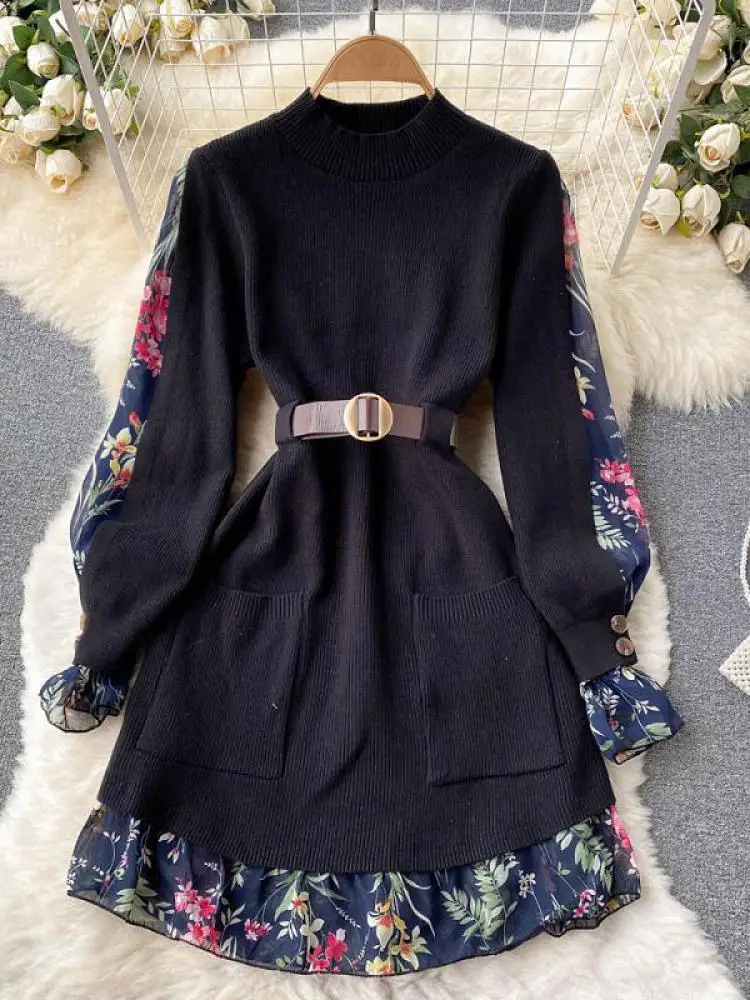 

French Knitting Mini Dress Female Autumn Winter Korean Style Mesh Floral Stitching Fake Two-piece Sweater Bottom Vestidos