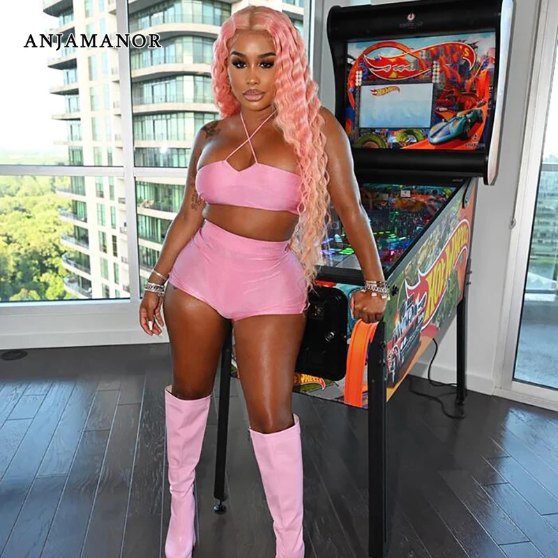 

Женский комплект из 2-х предметов anjahouse, летний комплект из двух предметов, короткий топ с лямкой на шее и шорты-ботинки, 2022