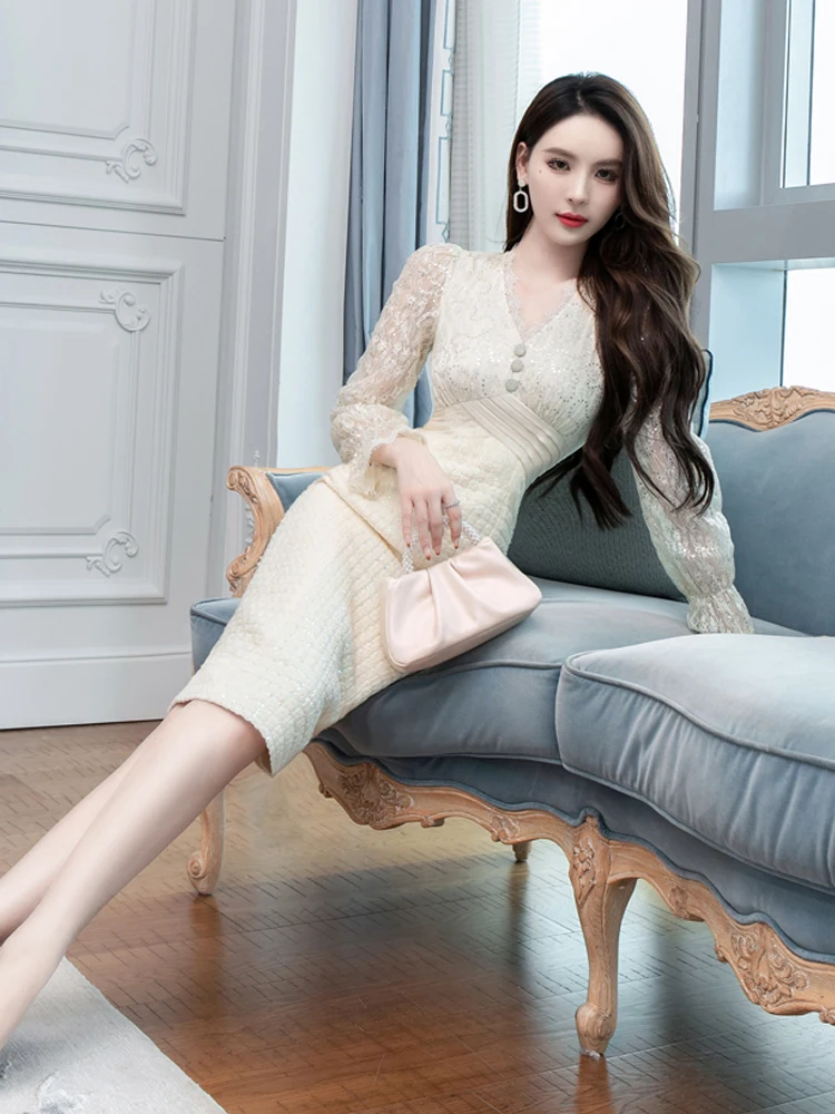 2024 осеннее новое легкое роскошное модное облегающее платье с длинными рукавами и