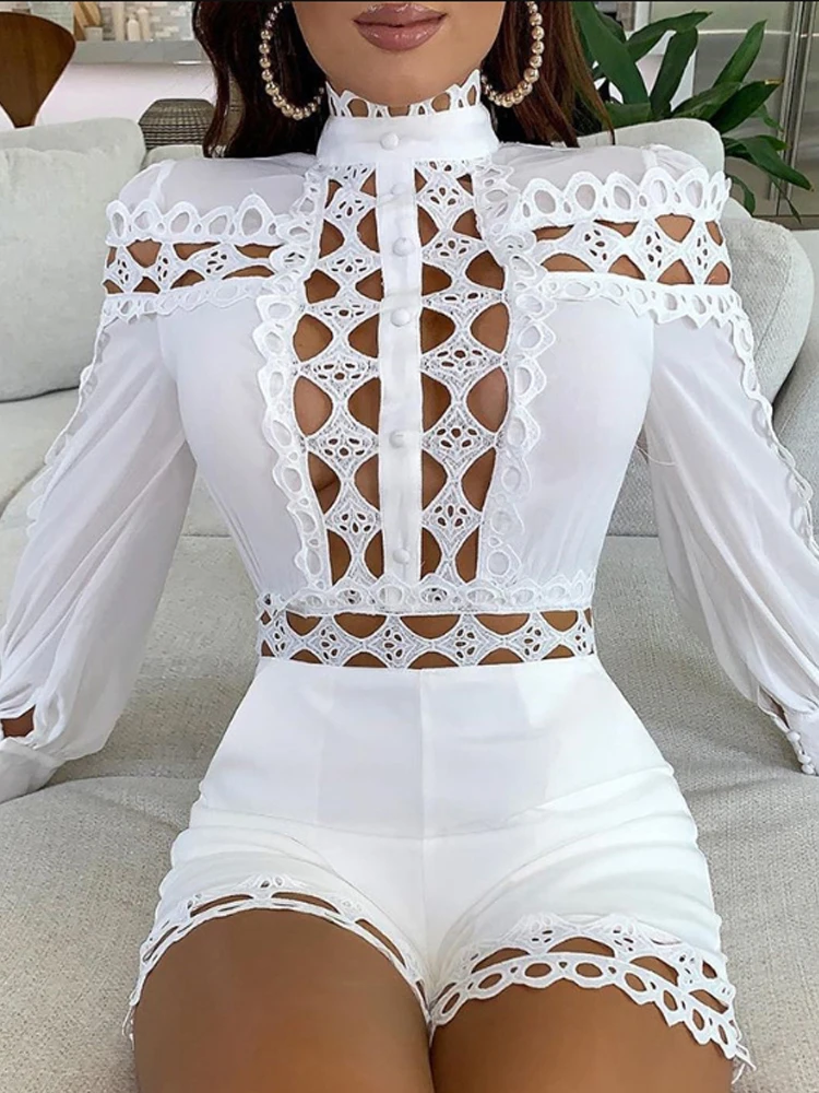 Женская белая кружевная рубашка с длинным рукавом комбинезон