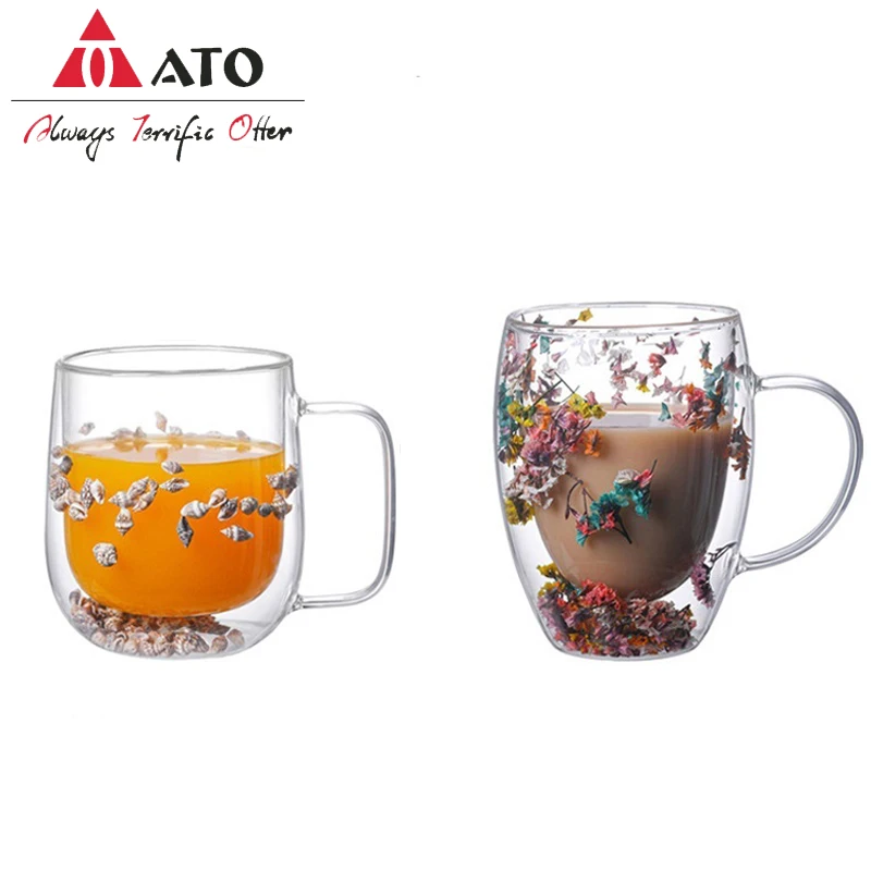 

ATO Creative Handle Double Layers Glass Cup Heat Insulation With Dry Flower Sea Snail Coffee Juice Milk Beer Wine Mug Classes