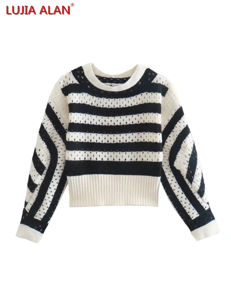 

Hot Sale Black White Striped Mesh Knitted Women Sweater Autumn Female Long Sleeve Pullover Tops Streetwear LUJIA ALAN SW1666