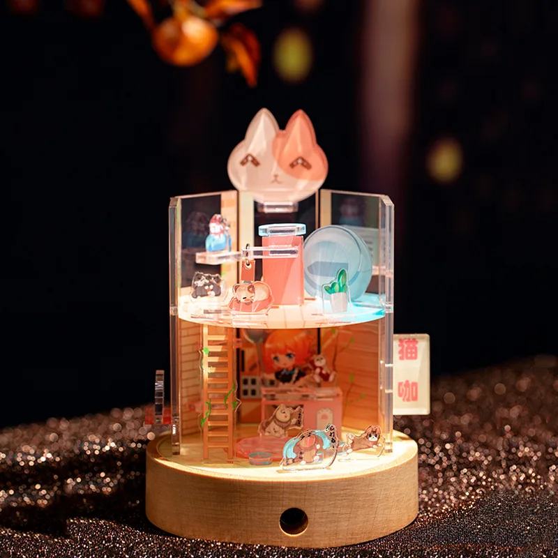 

3D Acrylic Puzzle New Cat Cafe Dollhouse Miniature With Furniture Kit DIY Assemble Toys Night Light Children Girl Gift Casa