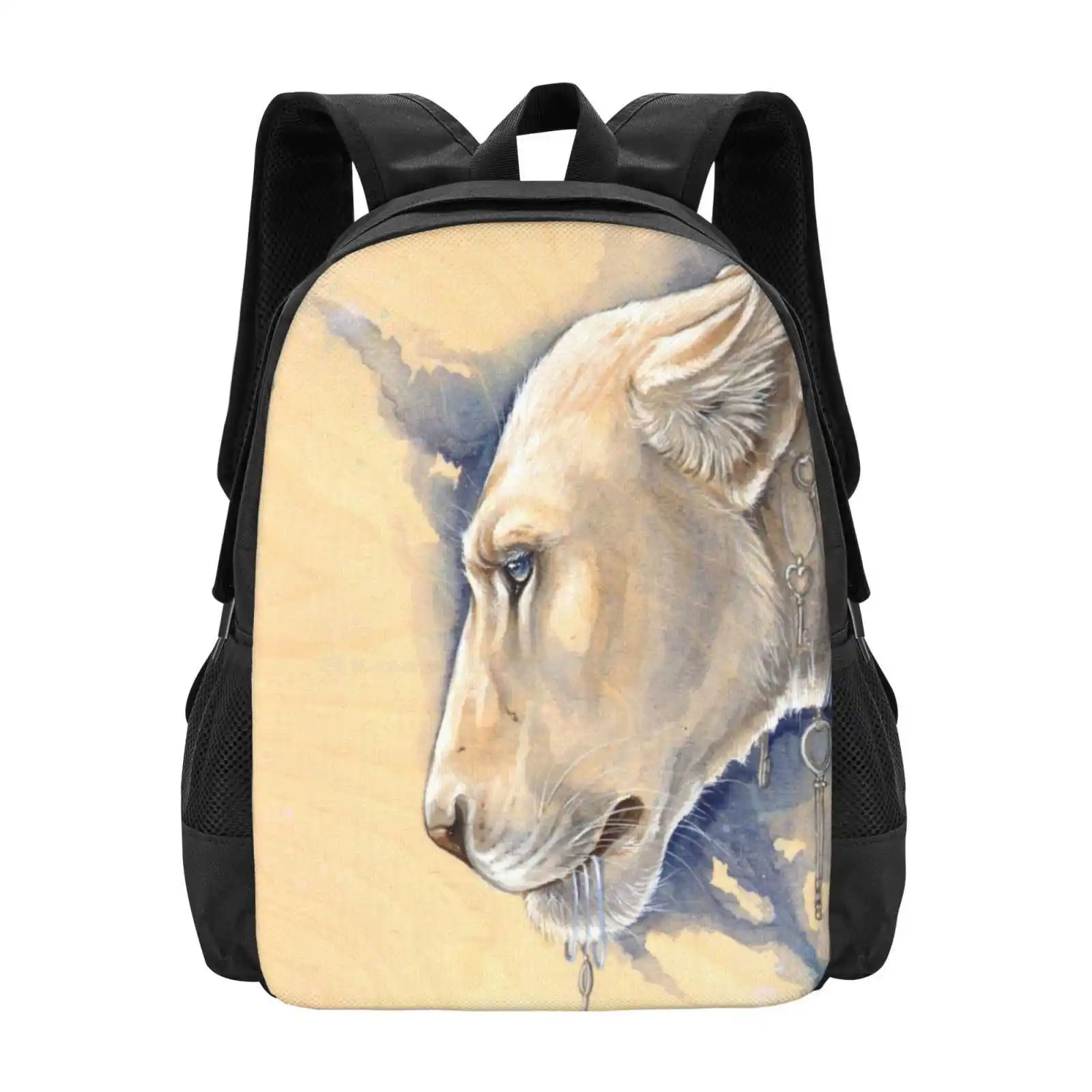 

Ether Backpacks For School Teenagers Girls Travel Bags Lioness Keys Lions Loss Surreal Blue Fantasy Wood White Lion