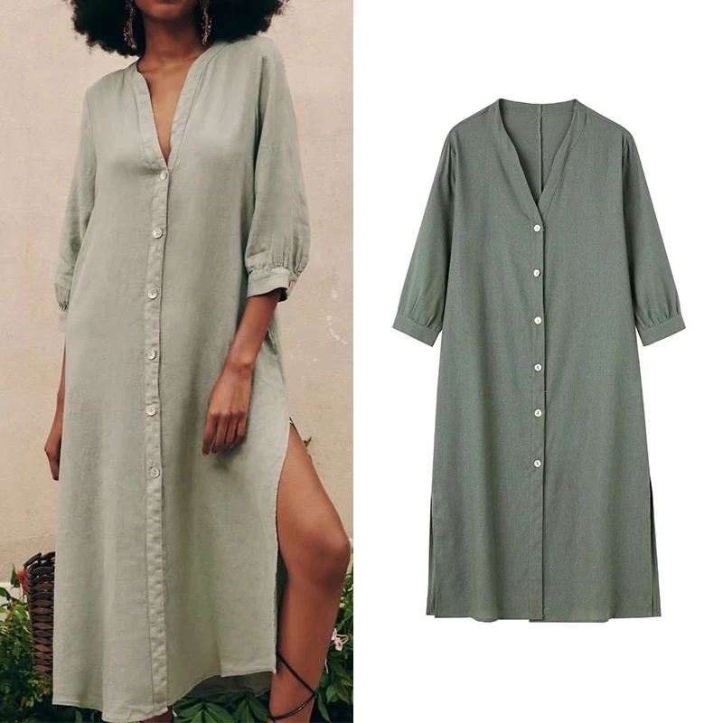 

Summer 2022 Women Solid Linen Midi Dress V Neck Three Quarter Sleeve Female Loose Casual Dress Vestidos HH6831