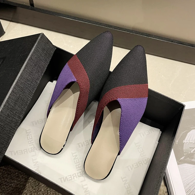 Color Contrast Design  Knitted Mule Shoes Woman Summer Breathable Mesh Slide Sandals Ladies  Pointed Toe Flat Slippers Plus Size