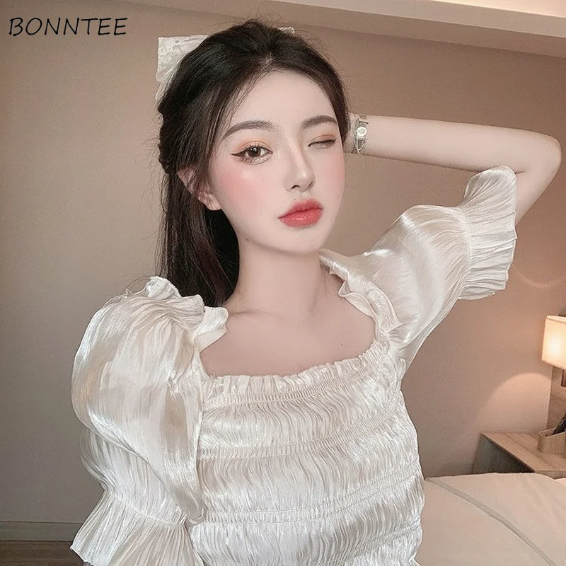 

Blouses Women Edible Tree Fungus Short Sleeve Sexy Solid Sweet Korean Style Fashion All-match Party Popular Summer Cozy New Tops
