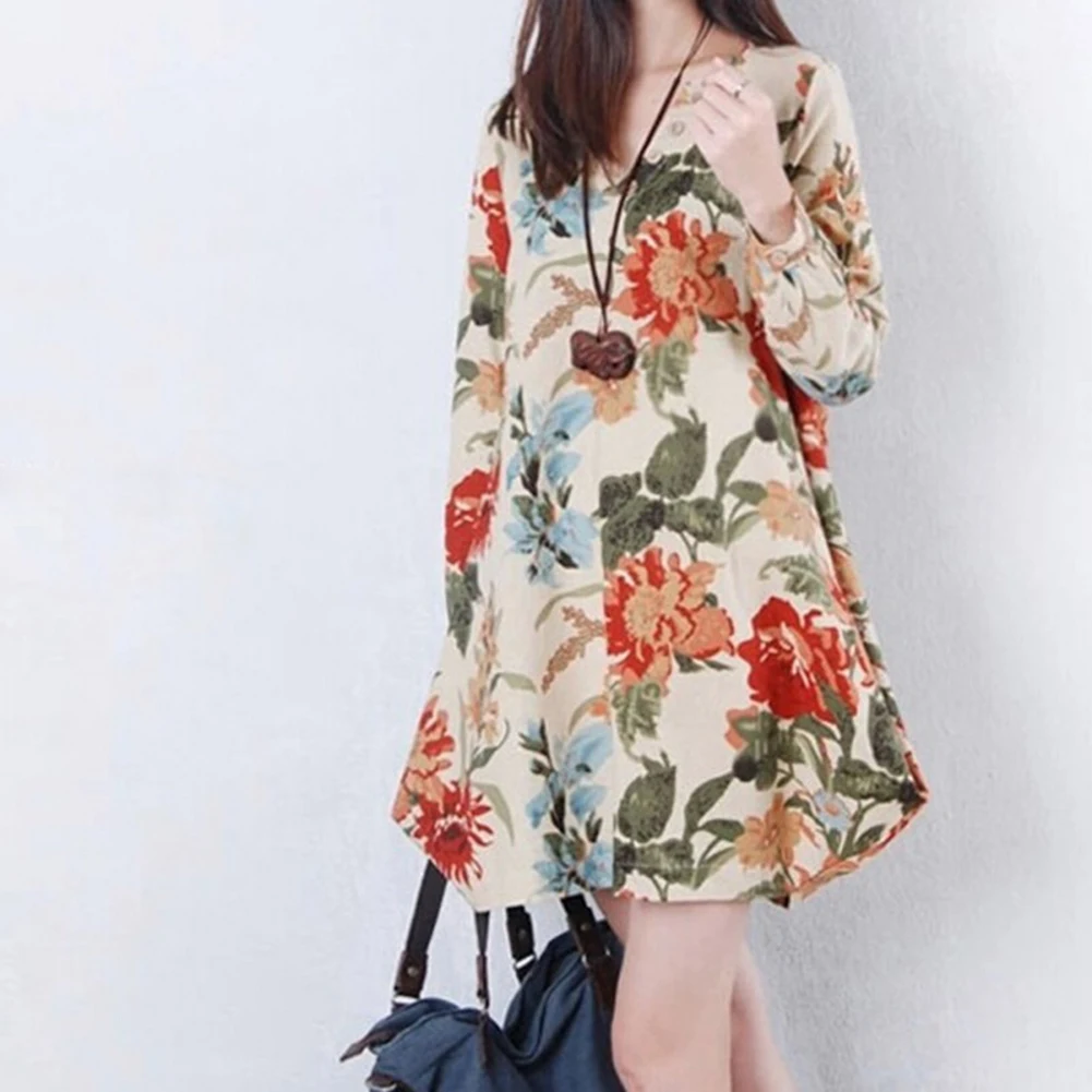 

Leisure Women Long Sleeve Dresses Women New Leaves Printing V-Neck High Waist Polyester A-line Dress Ladies Daily Clothes