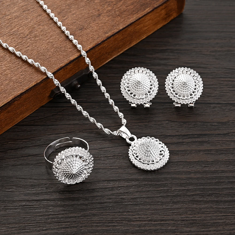 

Nicely Silver Color Fashion Ethiopian Jewelry Earring Ring Pendant Chain Wedding Bridal Jewelry Sets Gifts
