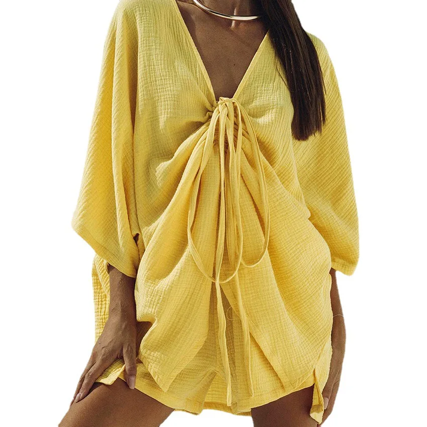 Simple Three-quarter Sleeve Cotton Pajamas Set Loose Pajamas Double-layer Yarn Design Sense Ladies Home Wear