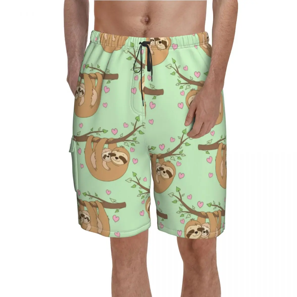 

Cute Sloths Sleepy Board Shorts Baby and Mama Animal Print Males Funny Beach Short Pants Trenky Customs Plus Size Swim Trunks