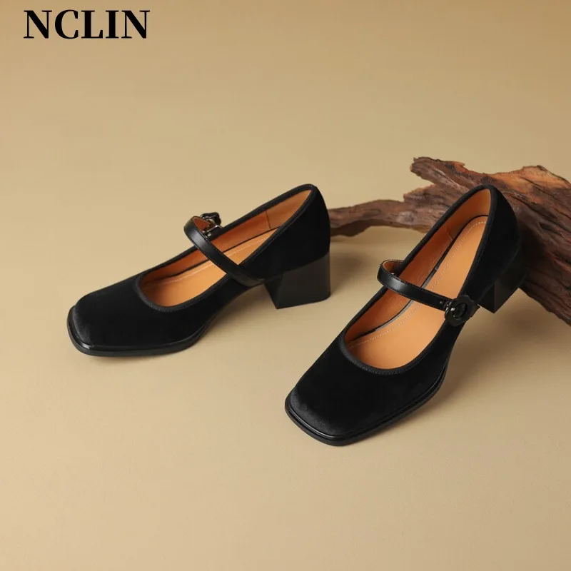 Женские туфли на массивном каблуке бархатные ручной работы платформе квадратный