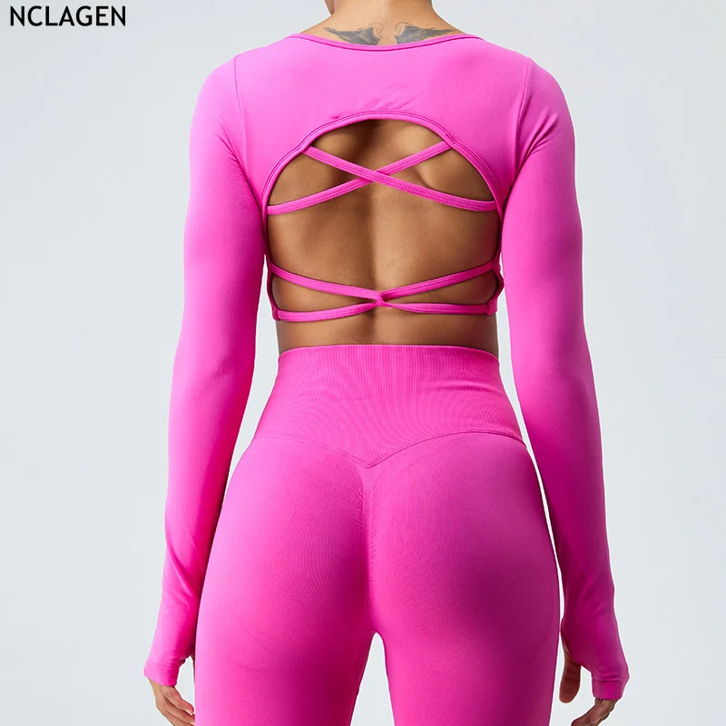 

NCLAGEN быстросохнущие бесшовные рубашки с длинным рукавом для йоги женский топ с перекрестной спиной Спортивная одежда для фитнеса дышащая тренировочная одежда для тренажерного зала