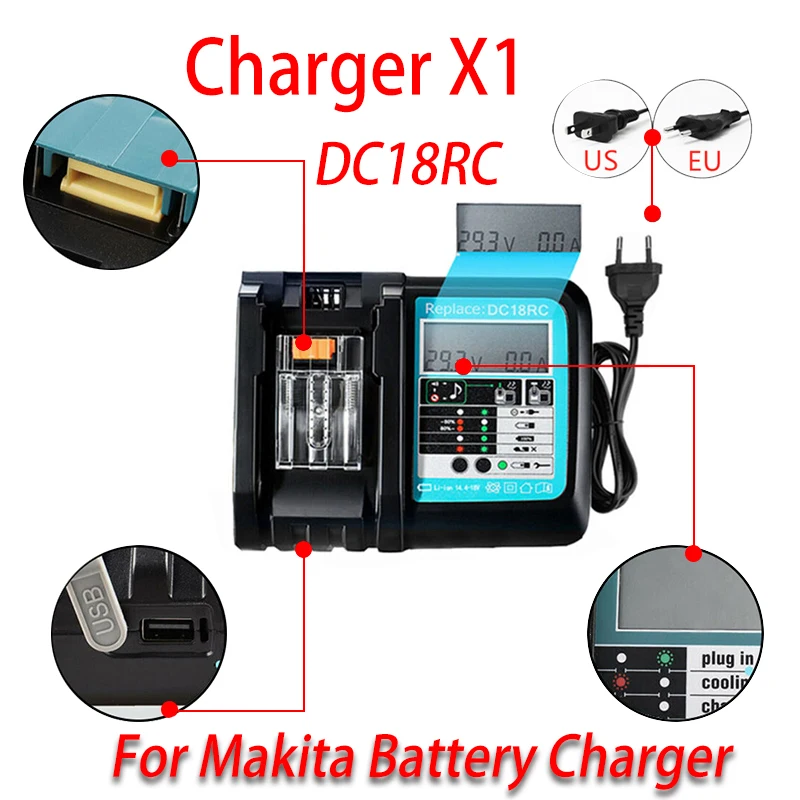 

DC18RC Li-ion Battery Charger, for Makita 18V 14.4V BL1830 Bl1430 DC18RF DC18RC Power tool 3A Charging Current Charger EU plug