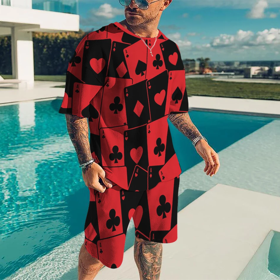 Funny Poker Pattern Y2k Men Casual Fashion Tracksuit Street Wear T-Shirt Shorts Suit 2 Pieces Outfit Set Male Oversized Clothing