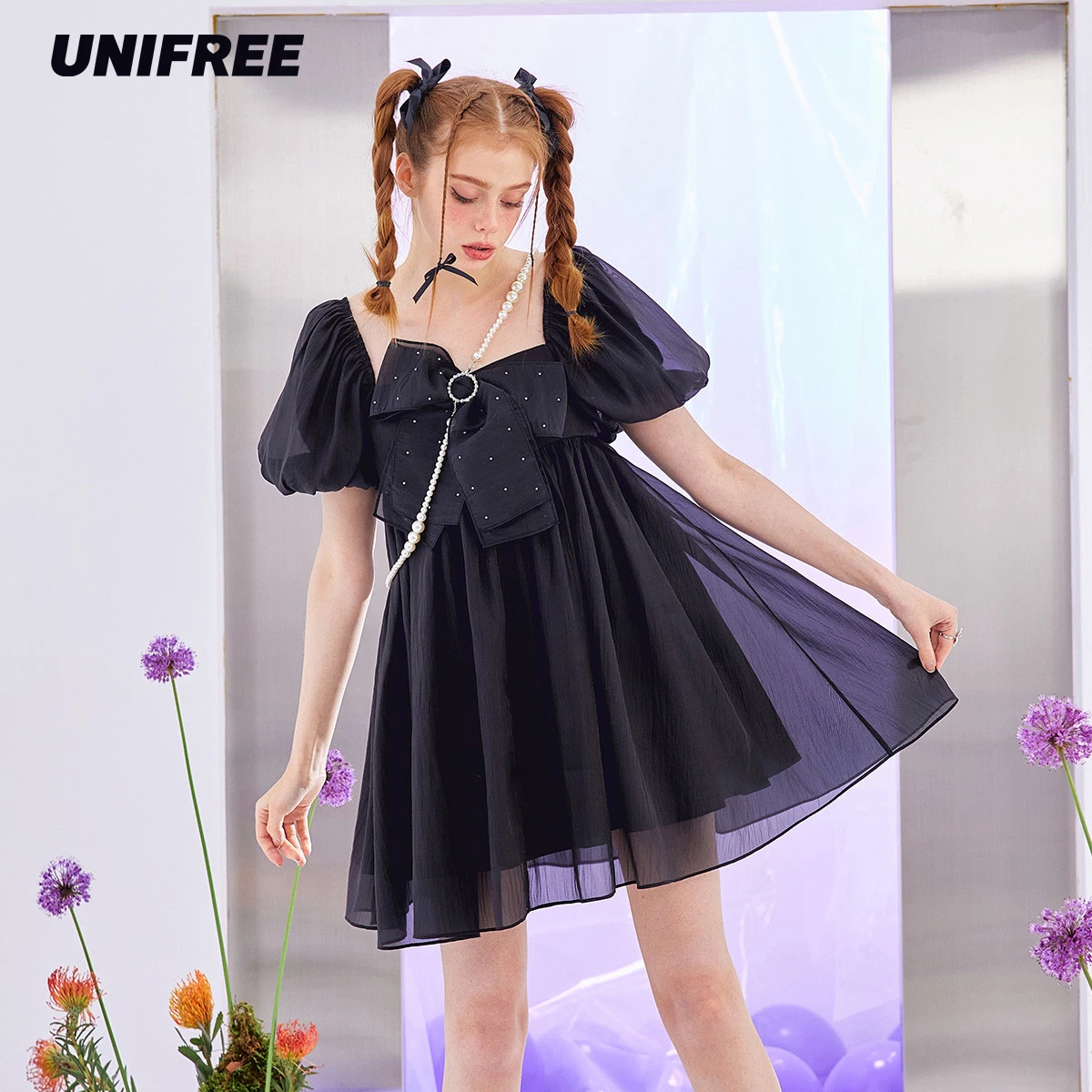 

UNIFREE Bow Black Dress Puff Sleeves Pearl Fashion Sexy Womens Dresses Hotsweet Princess Summer Dresses Women 2023