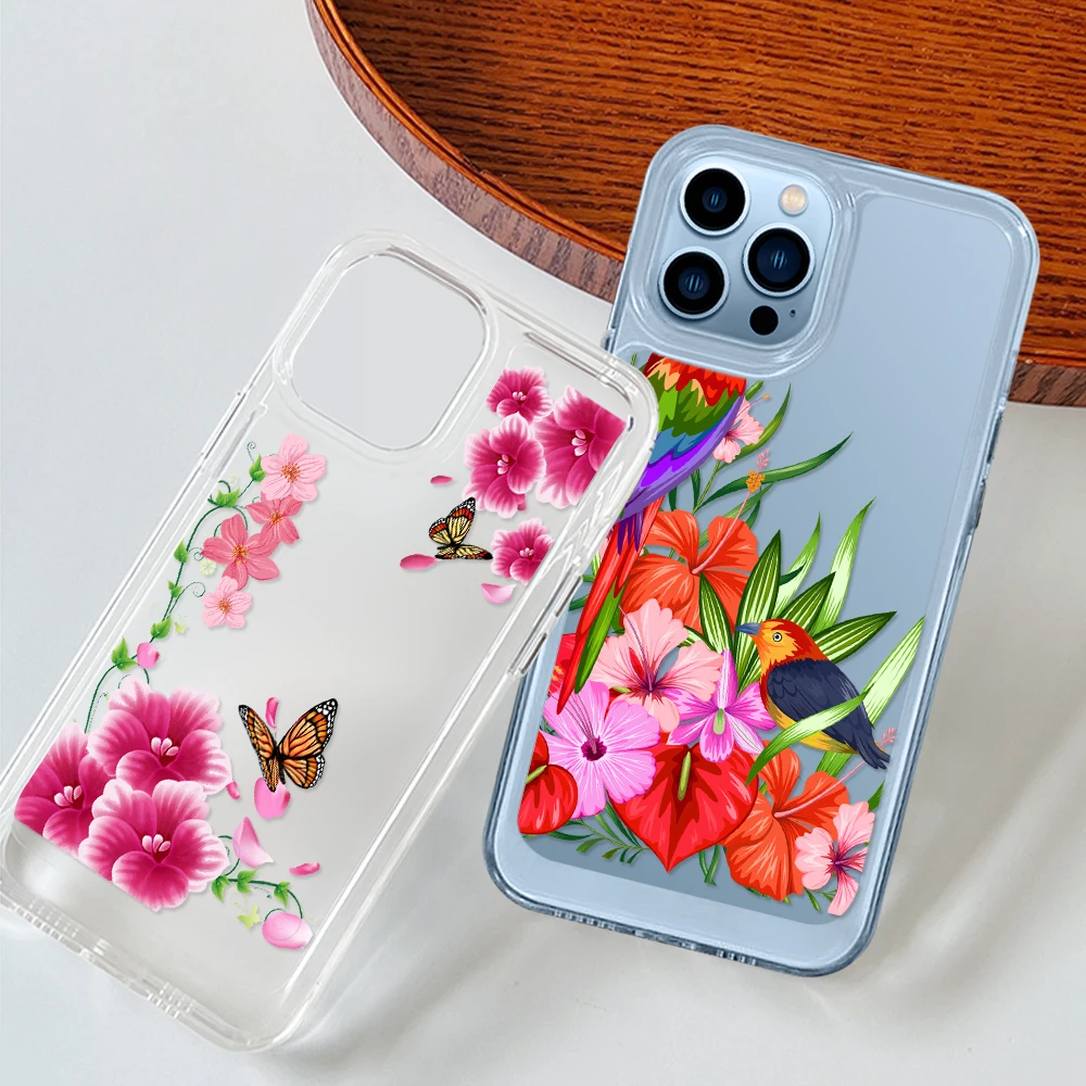 

Clear Shell Colorful Flower Phone Case for iPhone 14 13 12 11 Pro Max Mini XS XR X Back Cover for iPhone14ProMax Coque Fundas