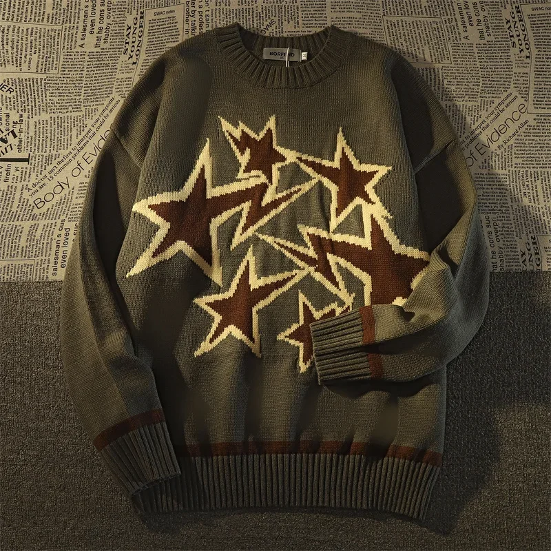 Knitted Sweater Men Women Clothing Retro High Street Star Winter Loose Harajuku Street Casual Lazy Style Knitted Jacket Pullover