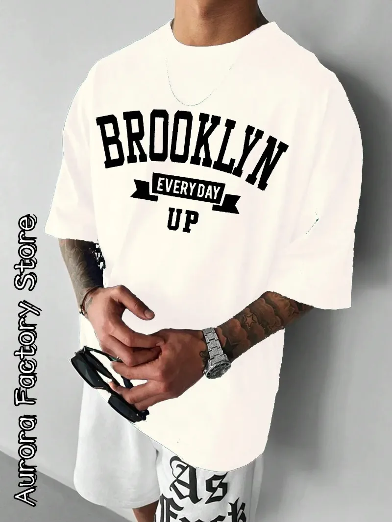 Summer Fashion Heavyweight Retro Men's English Letters Printed Round Neck High-quality Casual Fitness Street Fashionable T-shirt