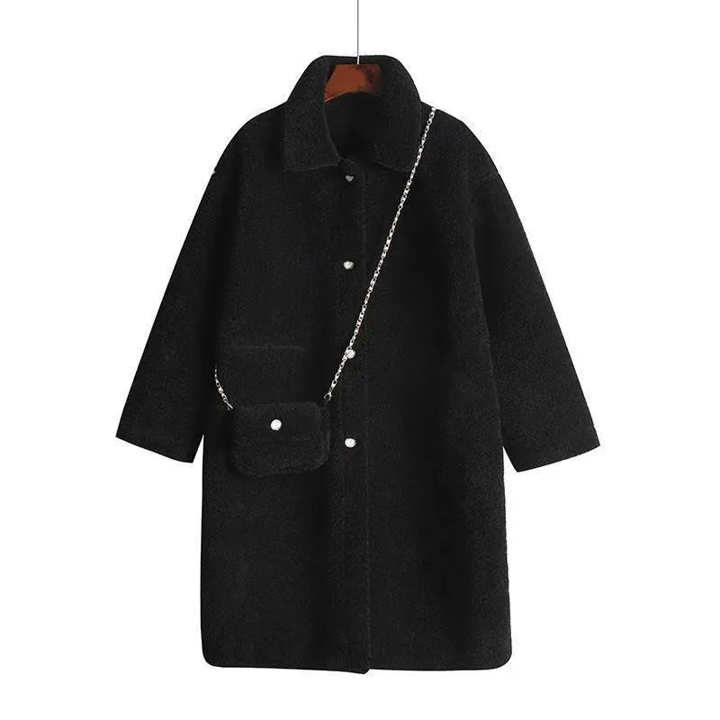 2023 ladies [Free bag] casual plush jacketpure color loose casual mid-length ladies double-breasted notch female jacket