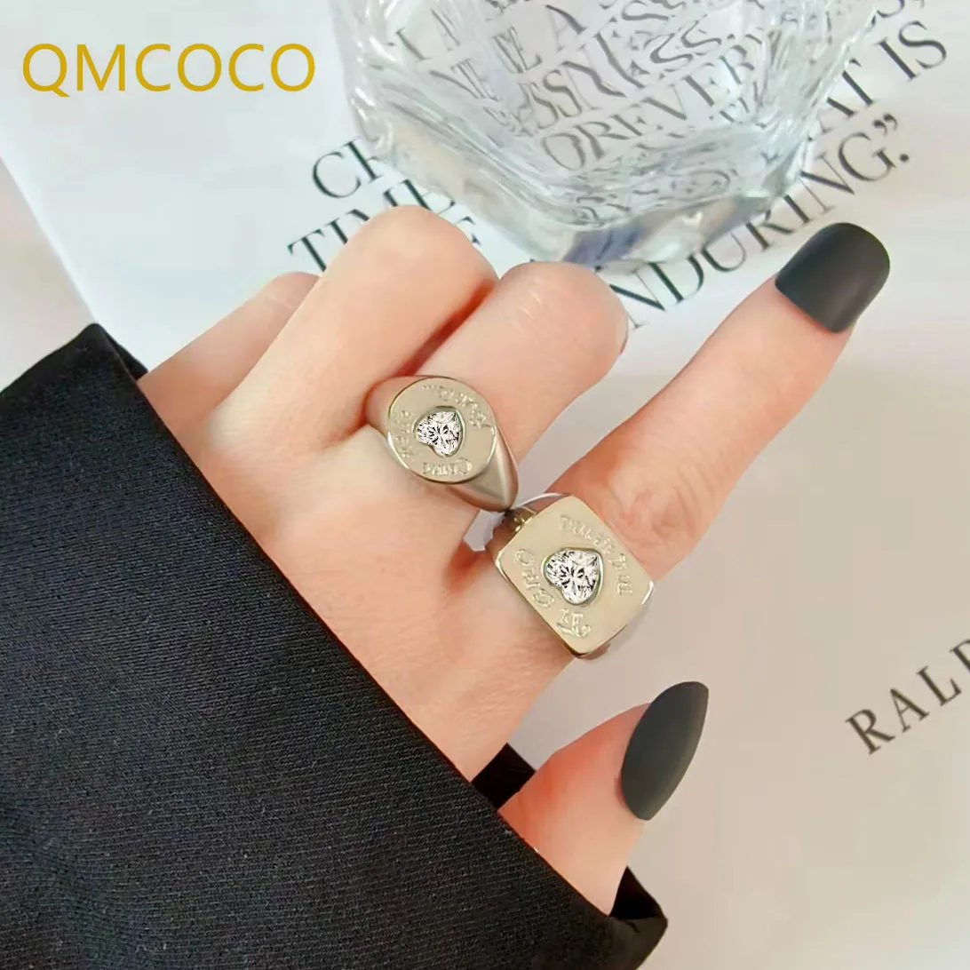 

QMCOCO Silver Color Vintage Punk Ring Women Heart Hip Hop Wide Adjustable Korean Fashion Jewelry For Couples Accessories