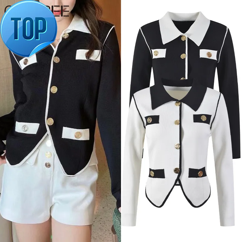 Style Winter Clothes Women Korean 2023 Fashion Elegant Gold Buttons Long Sleeve Top White Black Knitted Cardigan Mujer Suéteres