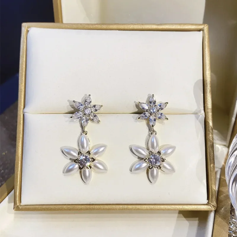 Супер роскошные женские серьги-кольца с цирконием дизайн цветком и жемчугом