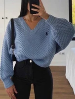 vintage solid color v neck knitted sweater women spring autumn casual loose pullover warm all match tops chic streetwear jumpers