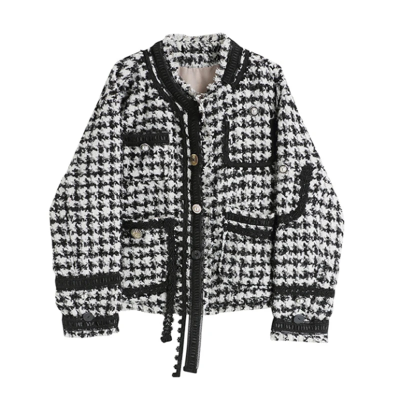 

Tweed Fringe Color Contrast Round Neck Short Coat Women's Autumn Winter Elegant Single Breasted Long Sleeve Outerwear Female