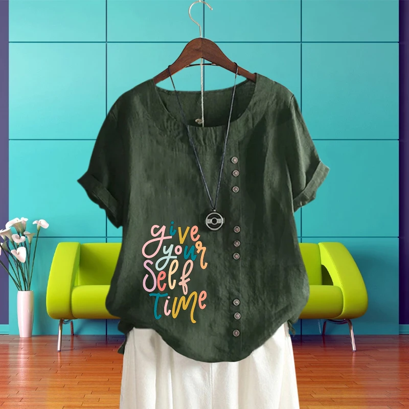 

Colorful English Words Printed T Shirt Women's Clothing Pullover O Neck Print Short Sleeve Round Neck Summer Loose Linen Top