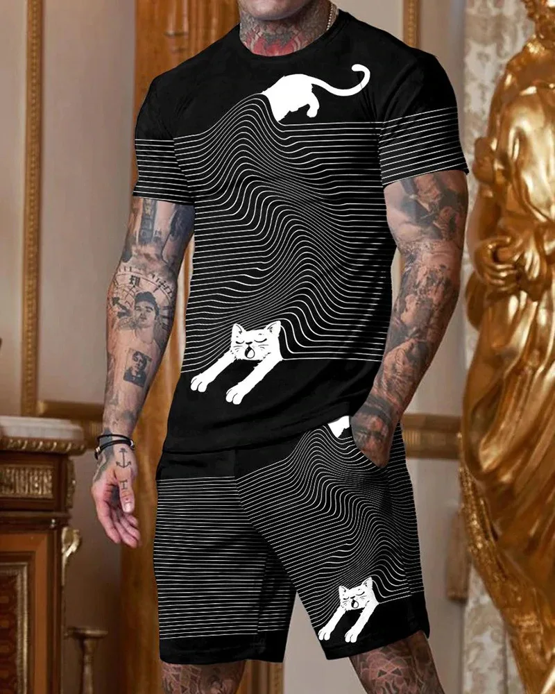 2023 Summer Men's Short-sleeved T-shirt Two Pieces Suit Fashion Street Clothing 3D Animal Cat Lion Tiger Print Sports Shorts Set