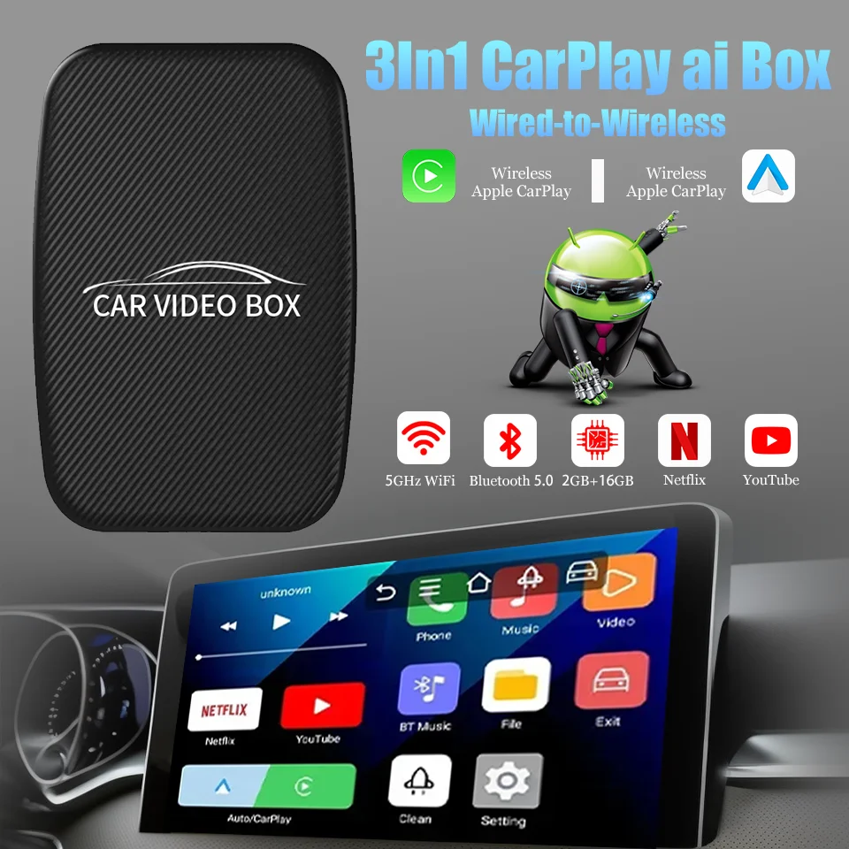 Новый мини-Carplay Ai Box Android 12.0 Smart Multimedia Беспроводной адаптер Auto и Apple CarPlay Встроенный