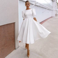 short wedding dress 2022 puff sleeves o neck tea length a line simple bridal gown buttons cut out modern midi wedding gown white