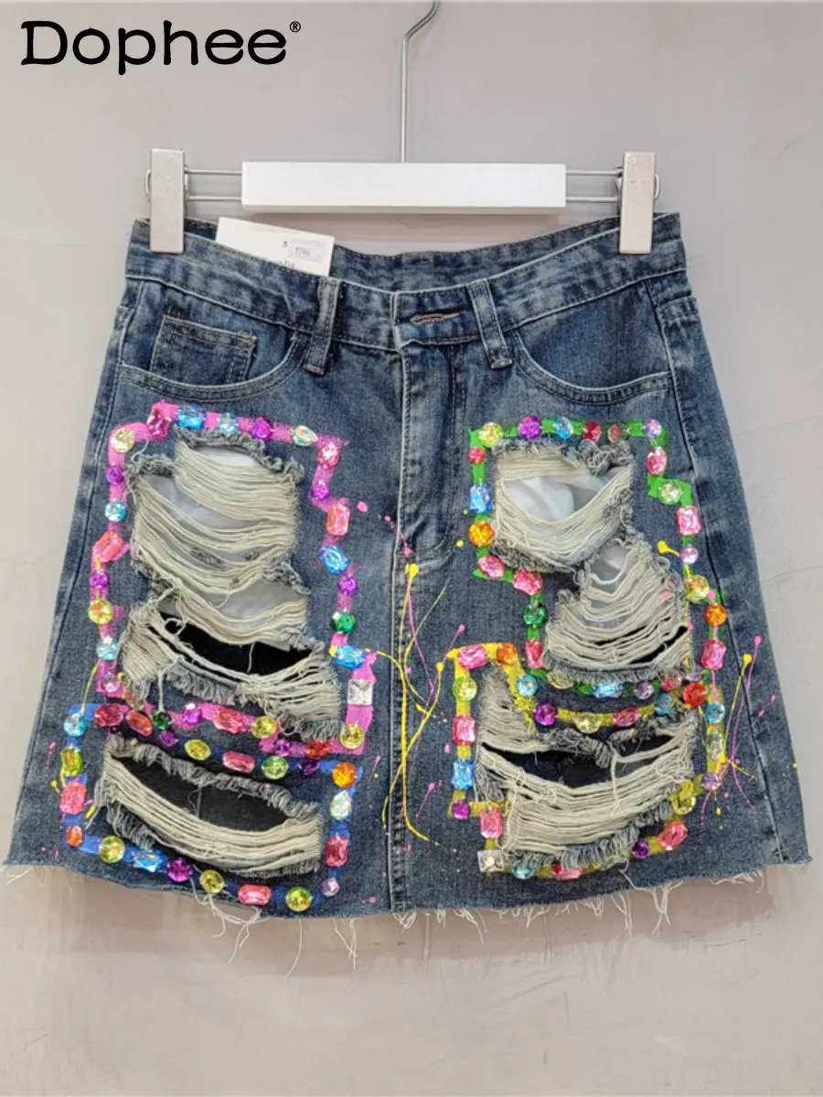 

Heavy Industry Beads Denim Culotte Beautiful High Street Design Mini Skirt 2023 Summer Hole Hip Jean Skirt Women faldas mujer