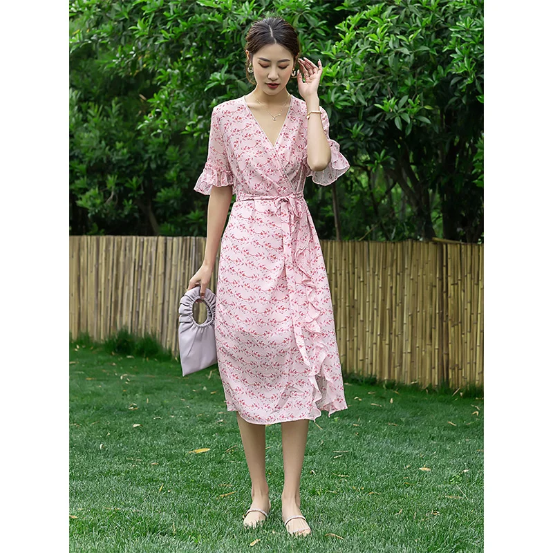 Silk dress 2022 summer high waist thin mulberry silk floral dress short sleeve V-neck temperament bandage printing dress K63