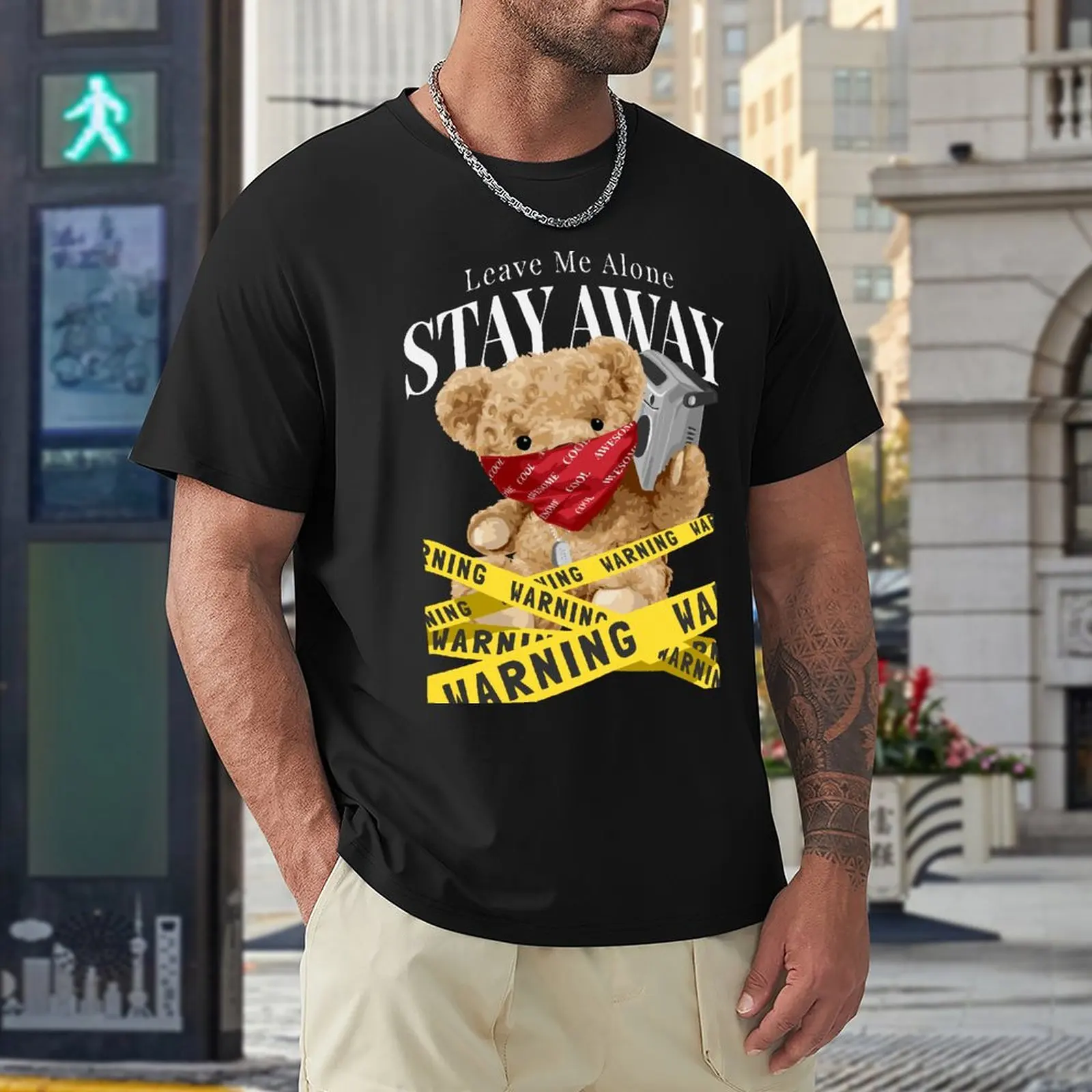 

Stay Away Teddy Bear Holding Radio And Yellow Warning Tape T Shirts Men Shirt Fashion Clothes Graphics Sweatshirt 100% Cotton T
