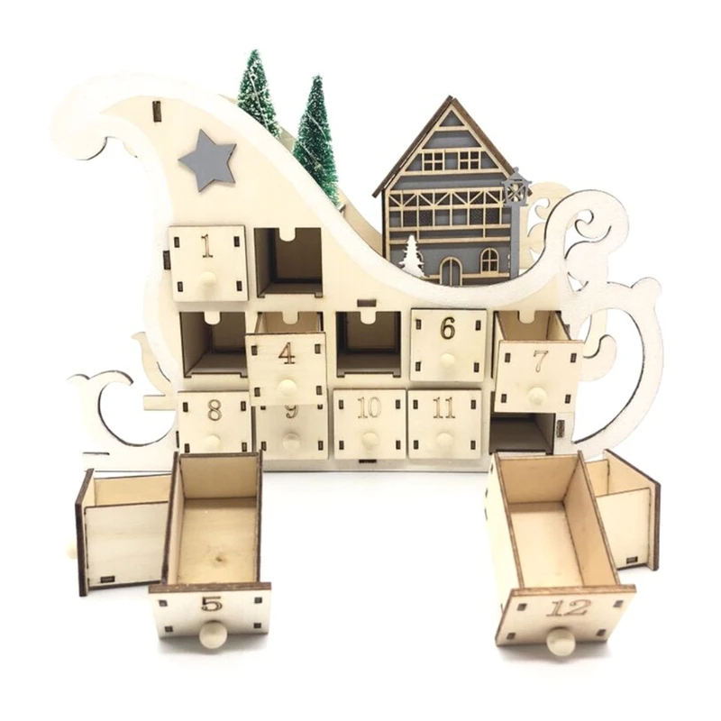 

House Sleigh Wooden Advent Calendar Countdown Christmas Party Decor 24 Drawers