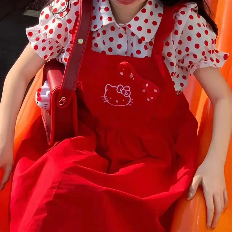 

Платье с красным поясом Hello Kitty для девушек, мягкий костюм для студенток, в горошек, Sanrio, черная рубашка с поясом и юбка, костюм из двух предмет...