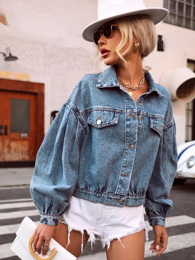 

Denim Jacket Women Autumn Winter Fashion Lapel Long Sleeve Straight Top Vintage Casual Office Lady Loose Short Coat Female