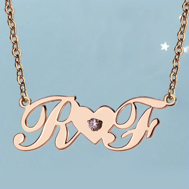 

Customized Nameplate Two Letters Necklace Initial Necklaces Rose Gold with Heart BirthStone Name Pendant Lover Women's Jewelry