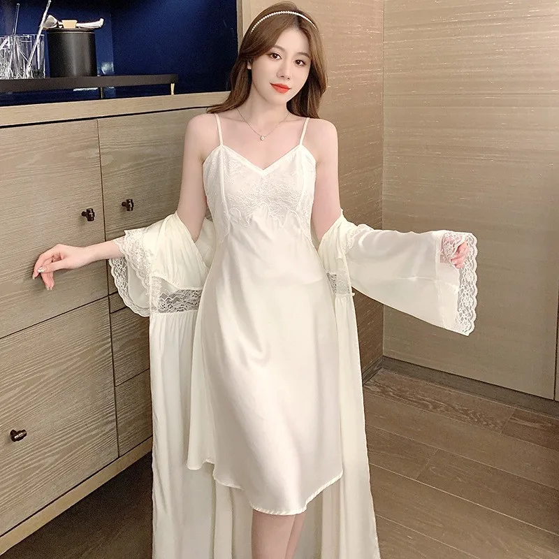 Summer New French Satin Women's Robe Set Sexy Lace Sling Sleepwear Exquisite Bead Nightgown Long Bathrobes Female Home Wear