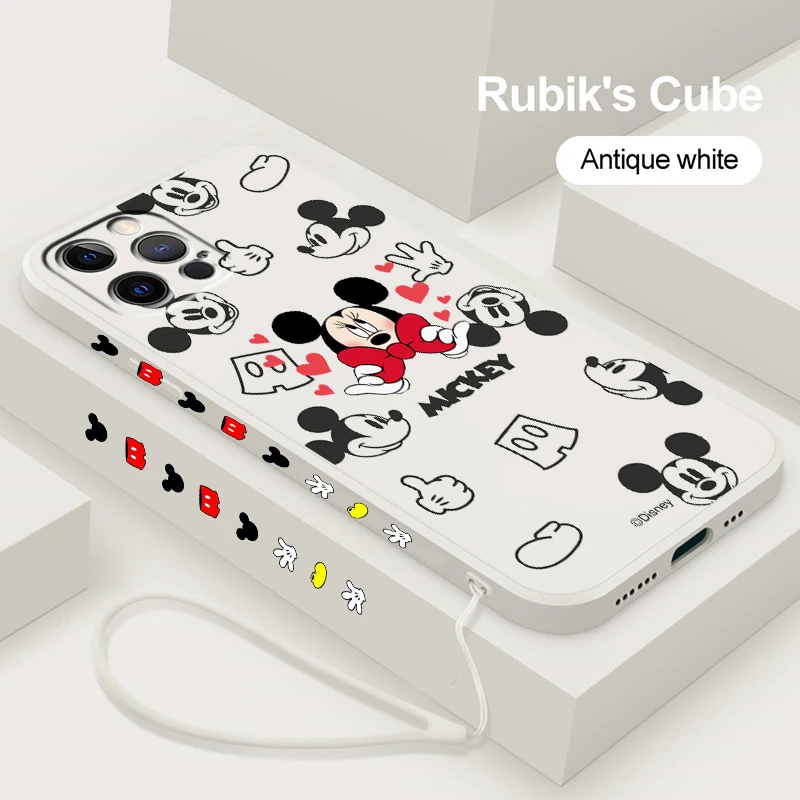 

Mickey Minnie Mouse Logo Liquid Left Rope Phone Case For Apple iPhone 14 13 12 Mini 11 Pro XS MAX XR X 8 7 6S SE Plus Cover Capa