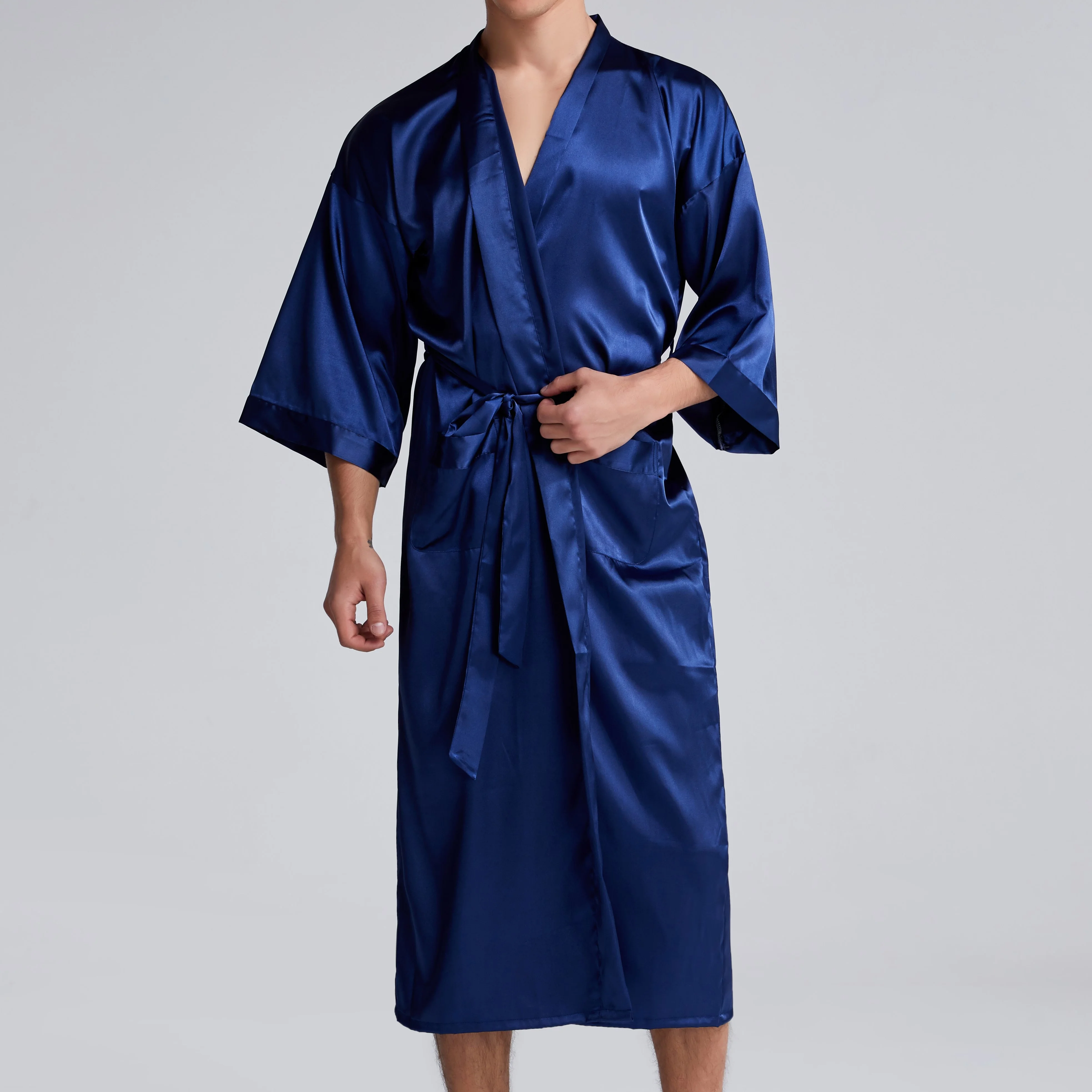 Satin Robe Men Robe with Pants Satin Silk Robe Set Polyester + Spandex Muti Colors Long Robe Bathrobe