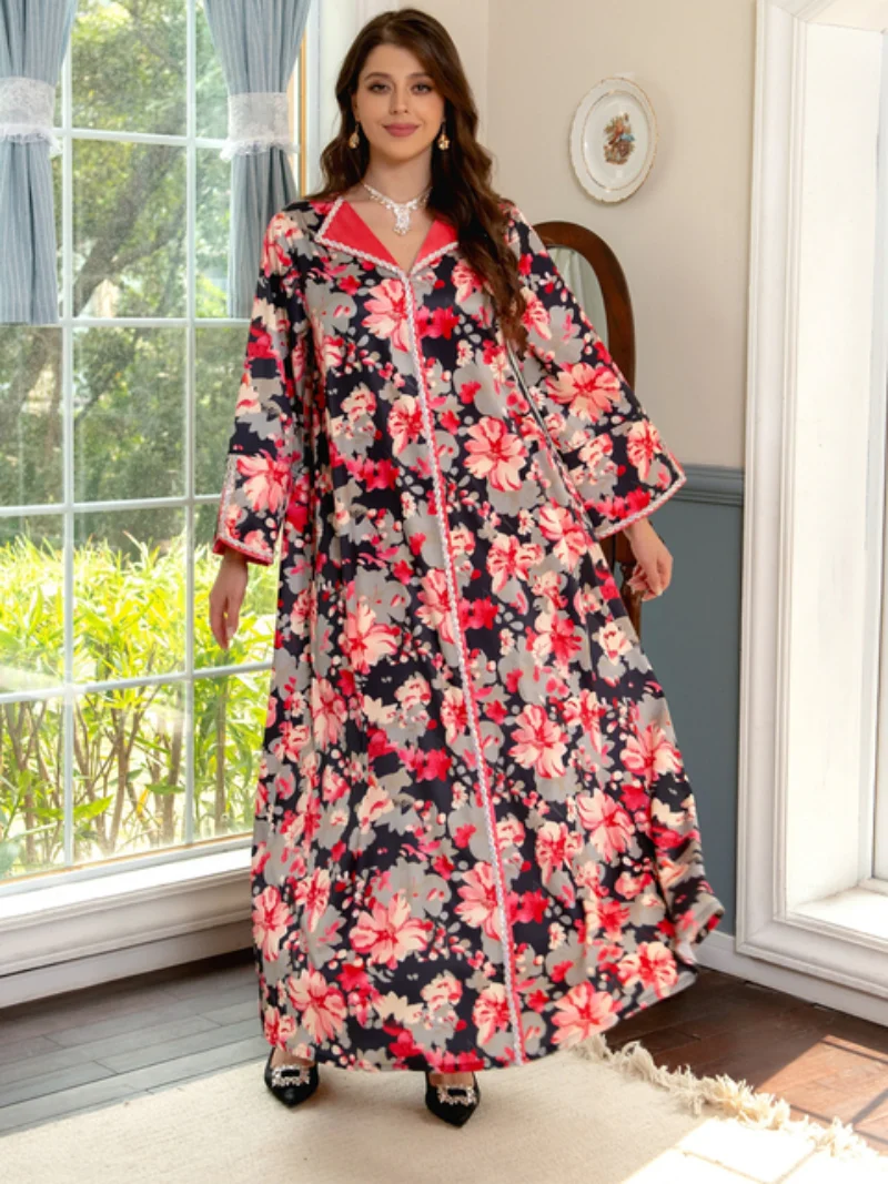Fashion Dubai Arab Muslim Dress for Women Chic Twists Rhinestone Lapel Long Sleeve Moroccan Jalabiya Islamic Clothing
