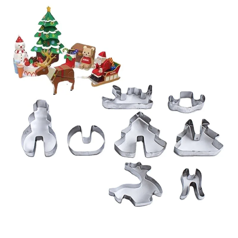 

8pcs/set Christmas Stainless Steel Cookie Cutters Tree Snowman Elk Sledge Baking Cake Biscuit Fondant Mold Kitchen Bakeware