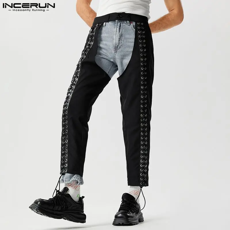 

INCERUN 2023 American Style Men Trousers Personalized Hollow Design Pantalons Fashionable Male Strap Drawstring Long Pants S-5XL