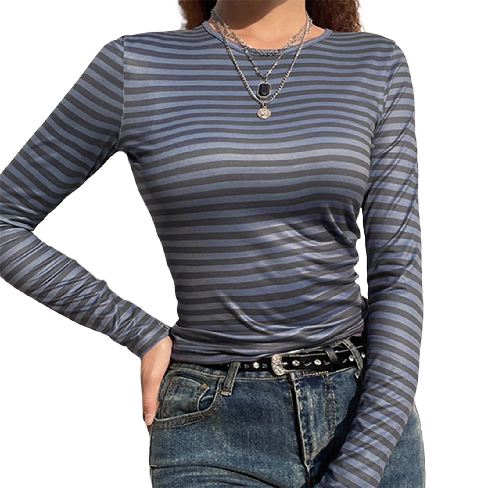 

Женская футболка с длинным рукавом, приталенные повседневные Дамские топы в полоску с круглым вырезом для осени