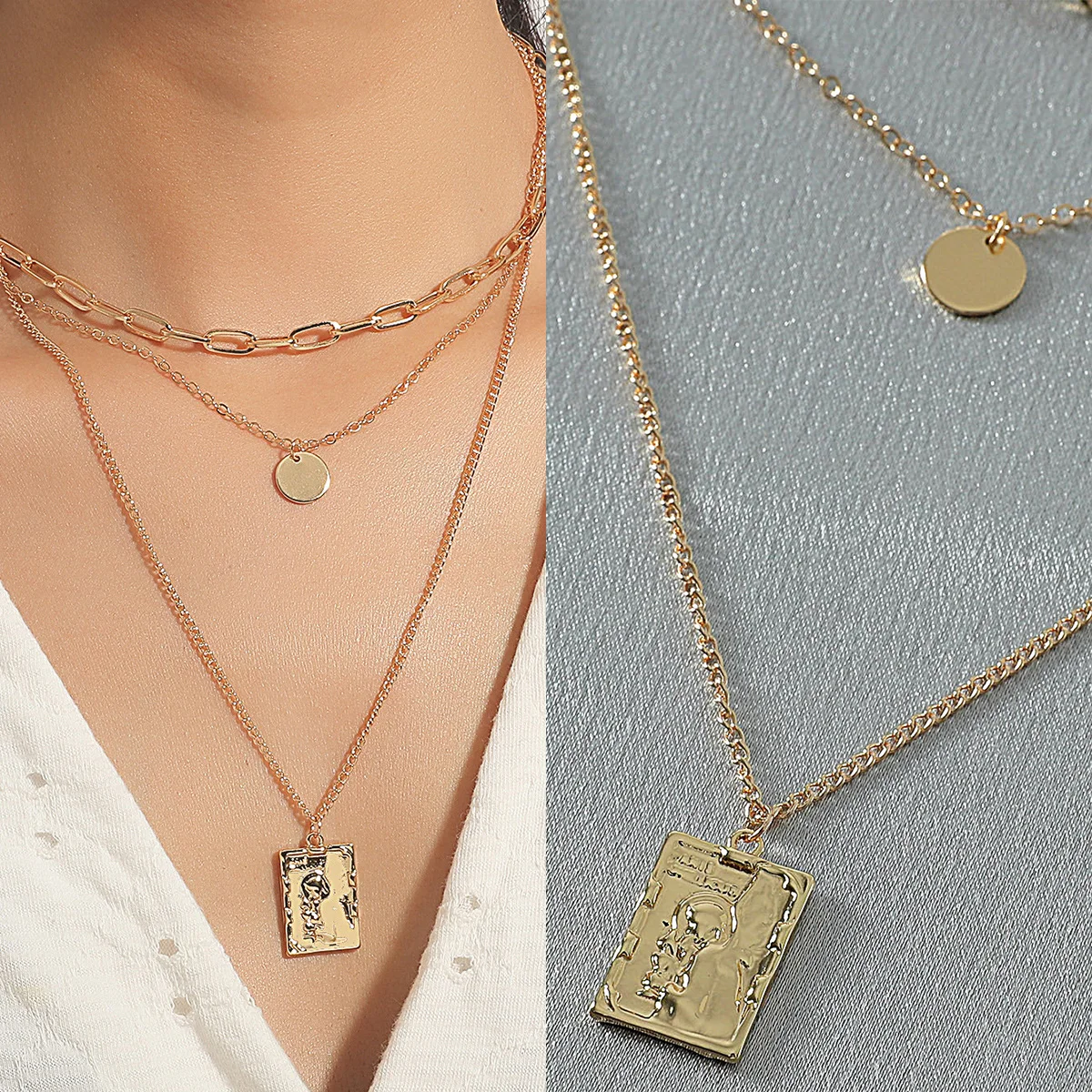 

Retro multi-layer portrait necklace punk hip-hop metal disc sweater chain long chain clavicle chain female