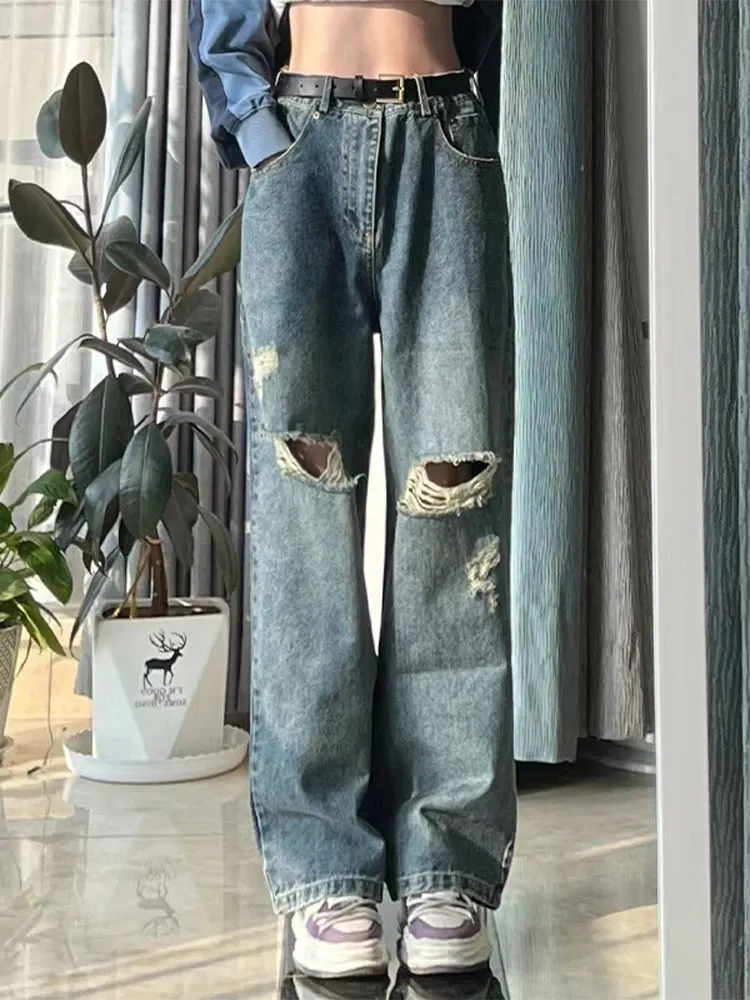 

Женские рваные джинсы с высокой талией, винтажные синие мешковатые широкие брюки с дырками, лето 2022, тонкие женские повседневные Модные ули...