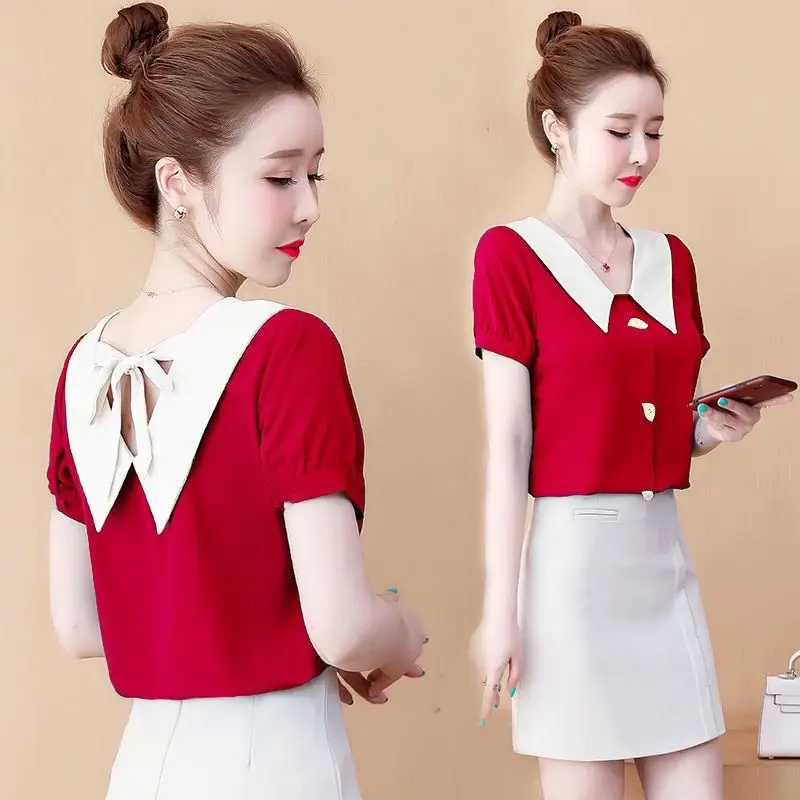 

2023 Elegant Fashion Ladies Polo-Neck Solid Short Sleeve Shirt Tops Women's Clothing Summer Single-breasted Chiffon Blouses Q86